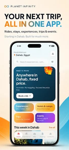 Current Planet Infinity app interface from Google Play, showing experiences, stays, trips, events and community